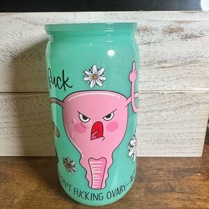 Humorous Pink and Green reusable tumbler with straw